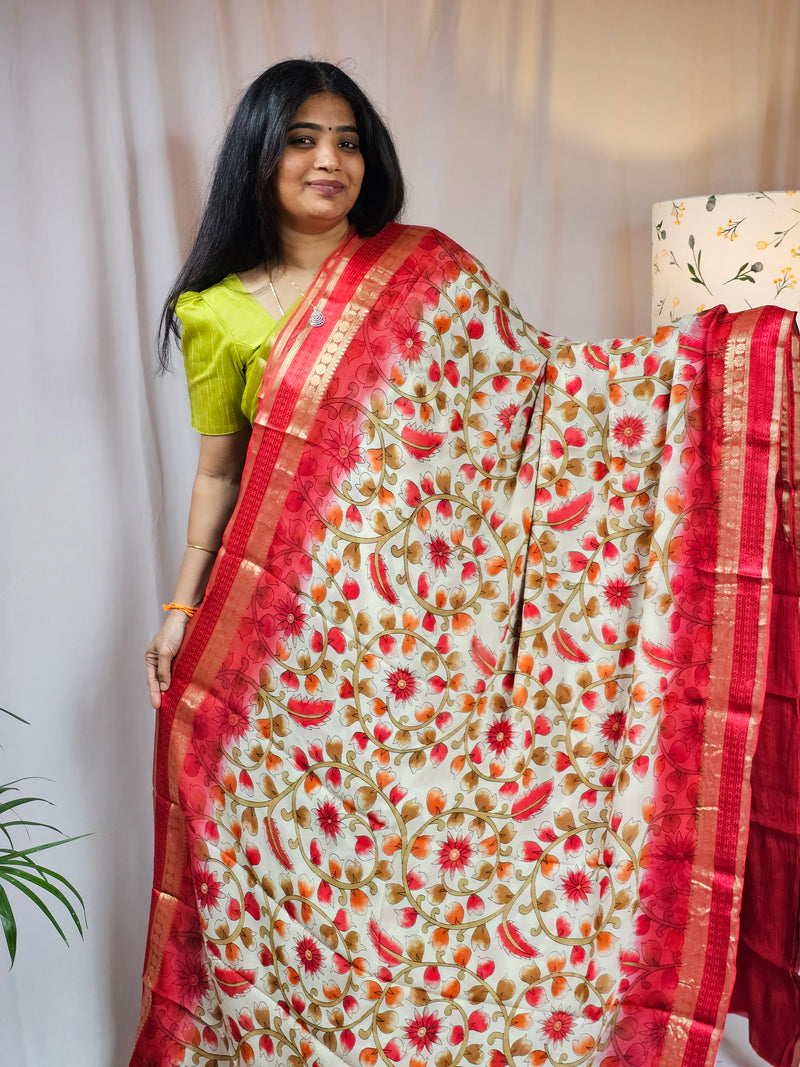 Pure Georgette with Zari Woven Border Saree - Red