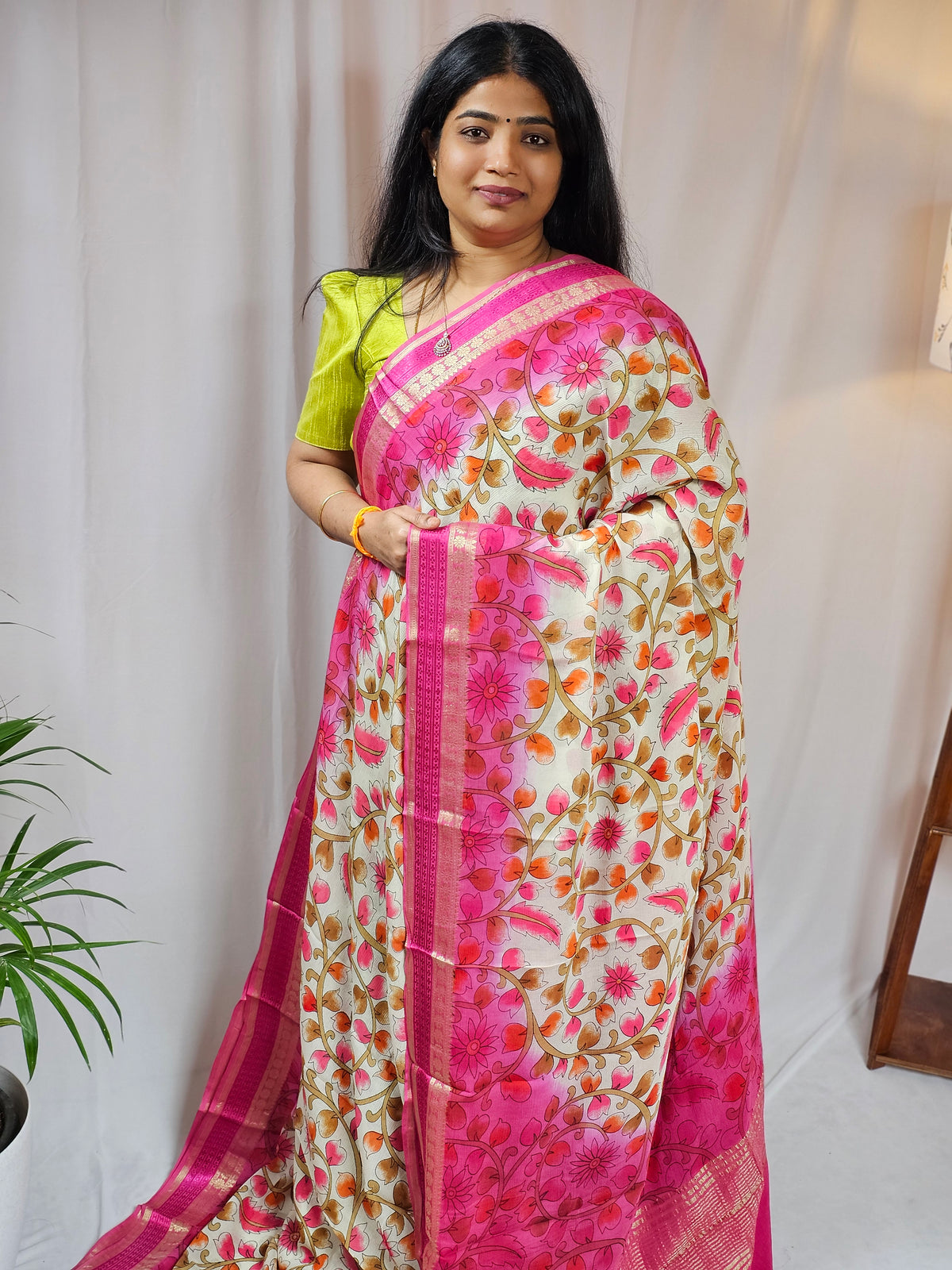 Georgette with Floral Prints - Cream with Pink