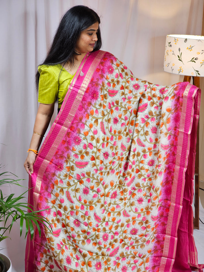 Georgette with Floral Prints - Cream with Pink
