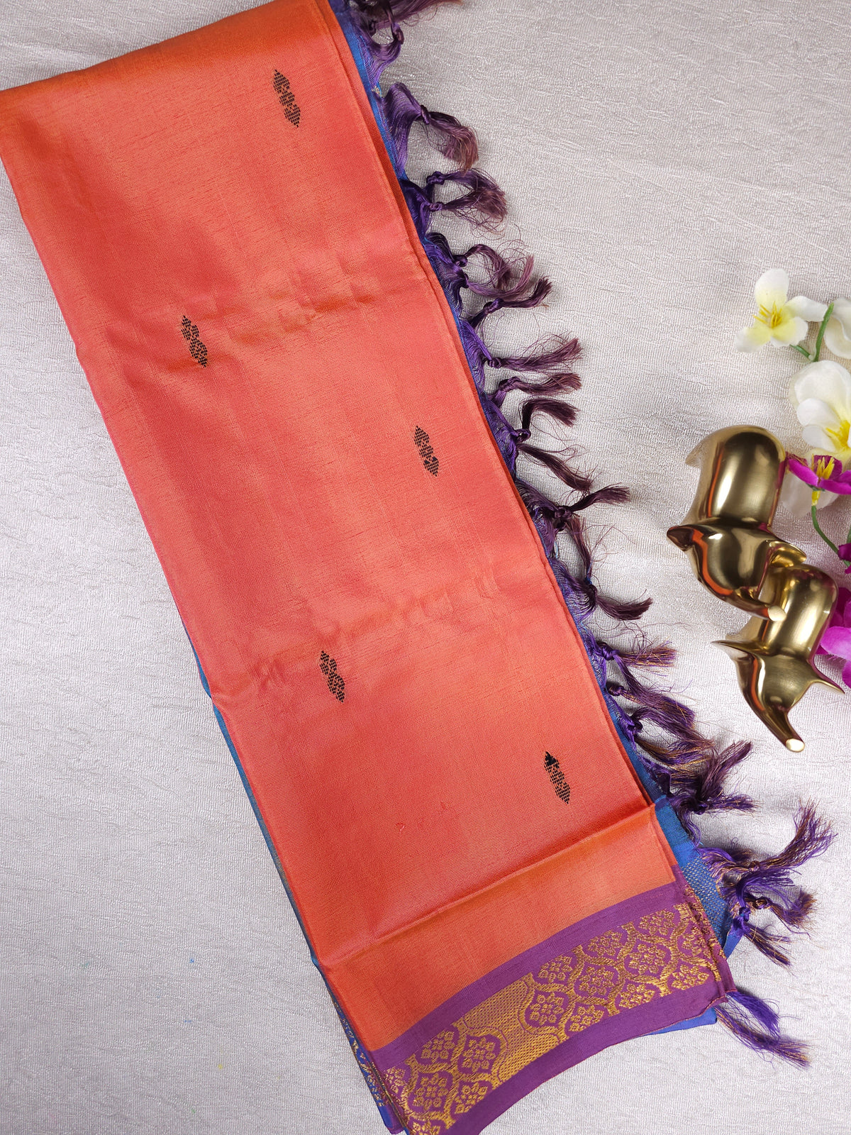 Dark Orange with Blue Chinnalampattu Big Border Saree