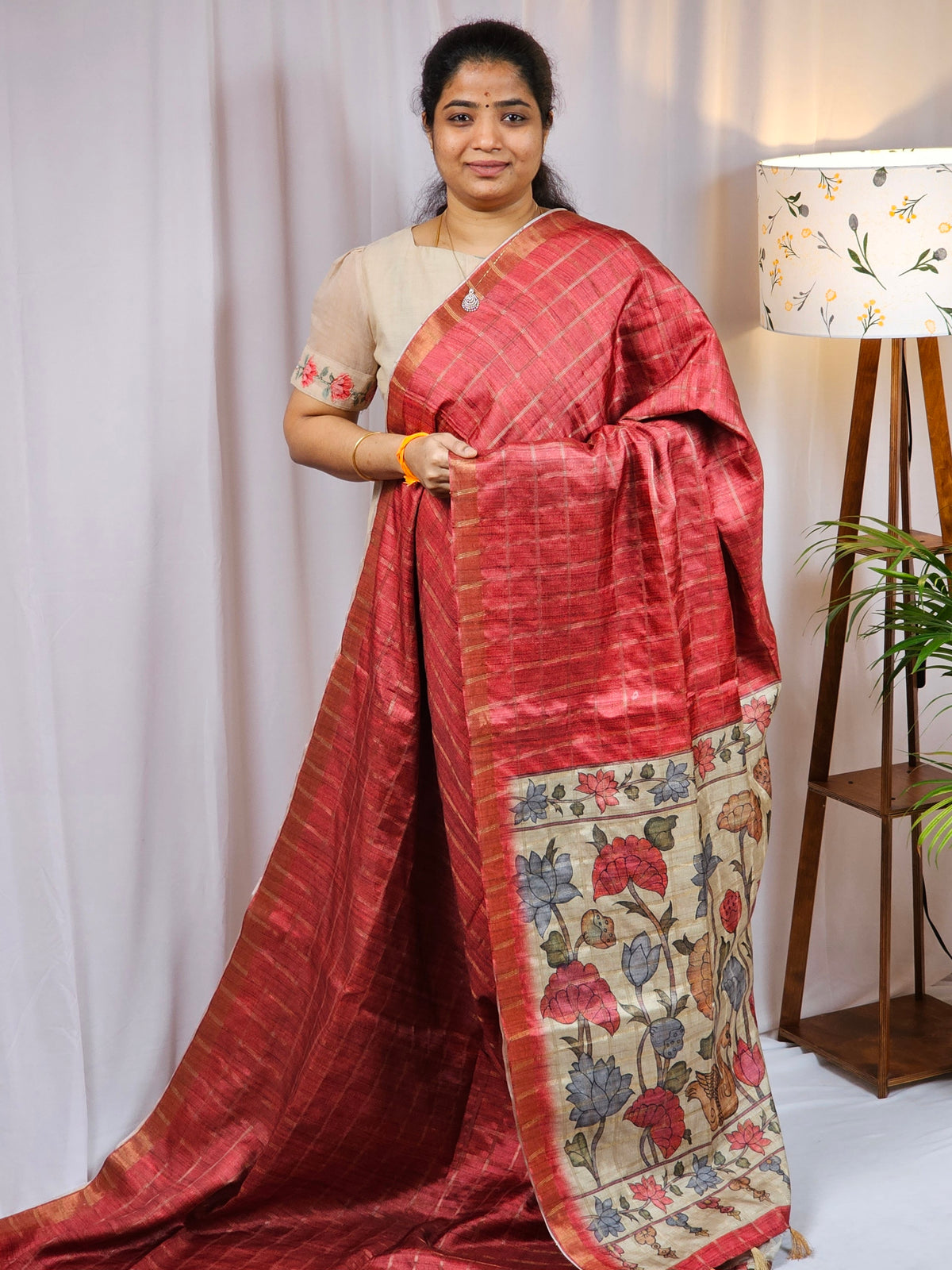 Soft Semi Tussar Checks Weaving with Kalamkari - Dark Morron