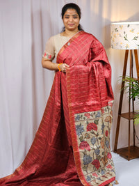 Soft Semi Tussar Checks Weaving with Kalamkari - Dark Morron