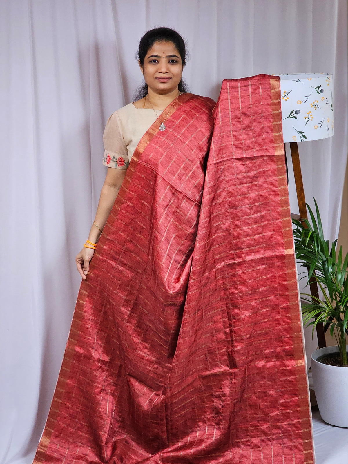 Soft Semi Tussar Checks Weaving with Kalamkari - Dark Morron