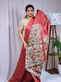 Soft Semi Tussar Checks Weaving with Kalamkari - Dark Morron