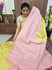 Classical Kanjivaram Pattern Pure Handloom Soft Silk Saree - Soft Yellow with Peach