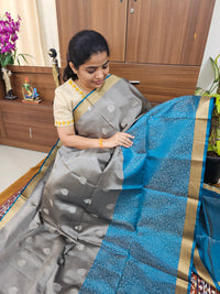 Classical Kanjivaram Pattern Pure Handloom Soft Silk Saree - Grey with Peacock Blue