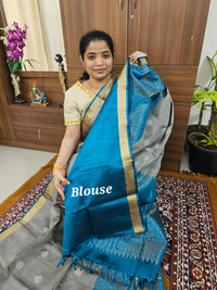 Classical Kanjivaram Pattern Pure Handloom Soft Silk Saree - Grey with Peacock Blue