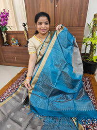 Classical Kanjivaram Pattern Pure Handloom Soft Silk Saree - Grey with Peacock Blue
