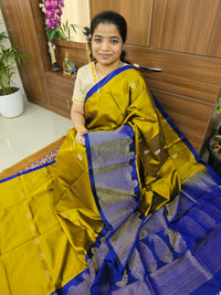 Classic Kanjivaram Pattern Pure Handloom Soft Silk Saree  - Rich Mustard Yellow with Blue
