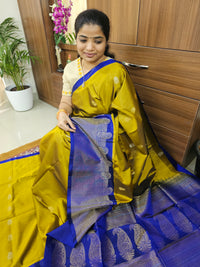 Classic Kanjivaram Pattern Pure Handloom Soft Silk Saree  - Rich Mustard Yellow with Blue