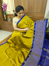 Classic Kanjivaram Pattern Pure Handloom Soft Silk Saree  - Rich Mustard Yellow with Blue