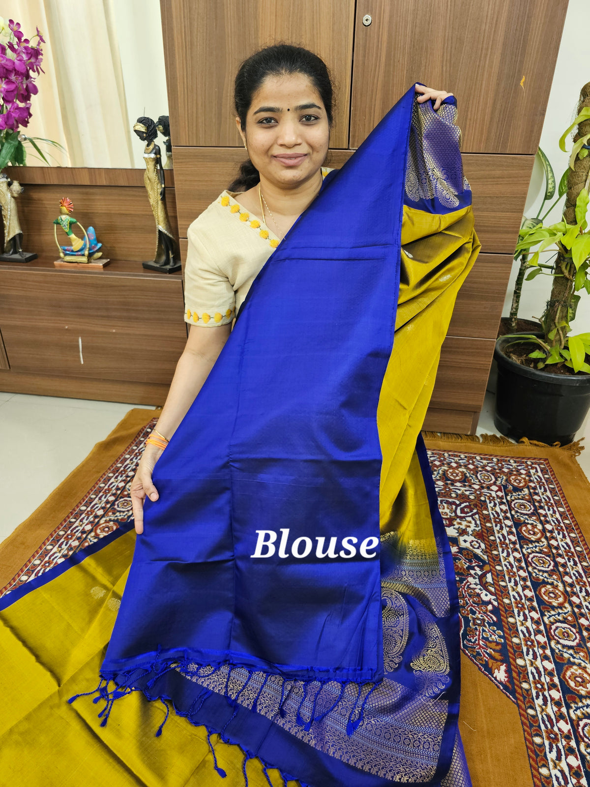 Classic Kanjivaram Pattern Pure Handloom Soft Silk Saree  - Rich Mustard Yellow with Blue