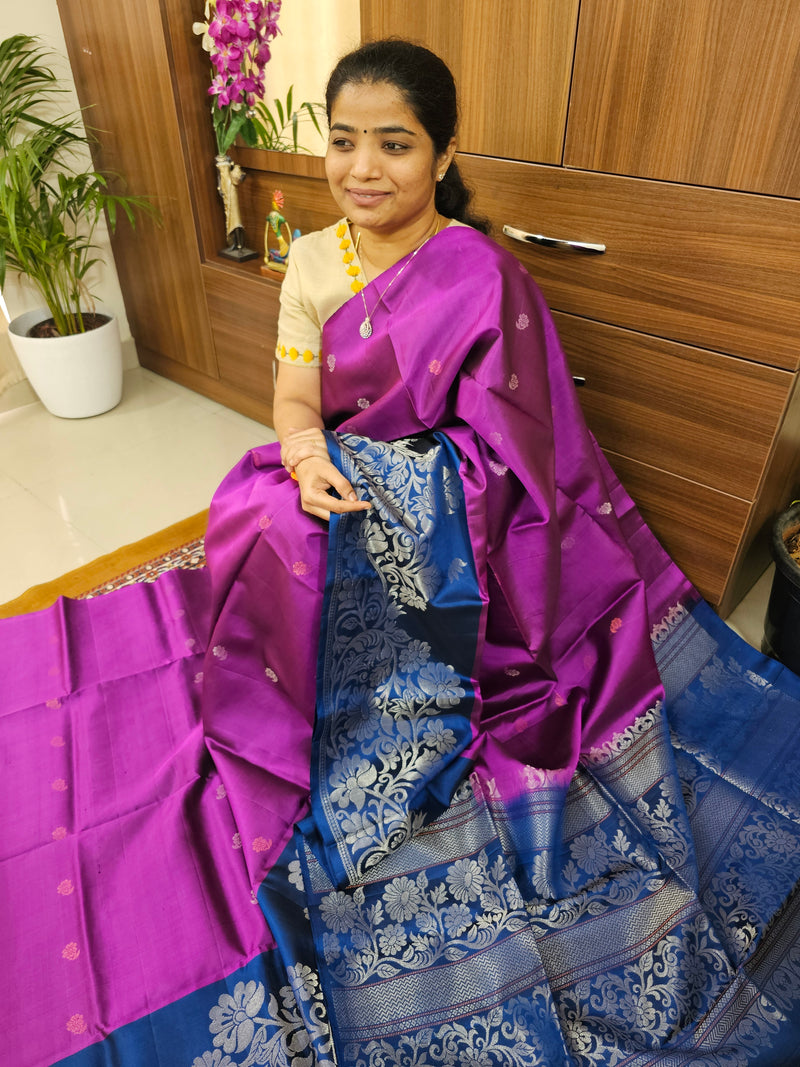 Classic Kanjivaram Pattern Pure Handloom Soft Silk Saree  - Magenta Pink with Peacock Blue