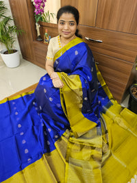 Classic Kanjivaram Pattern Pure Handloom Soft Silk Saree  - Blue with Rich Mustard Yellow