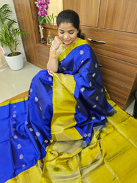 Classic Kanjivaram Pattern Pure Handloom Soft Silk Saree  - Blue with Rich Mustard Yellow