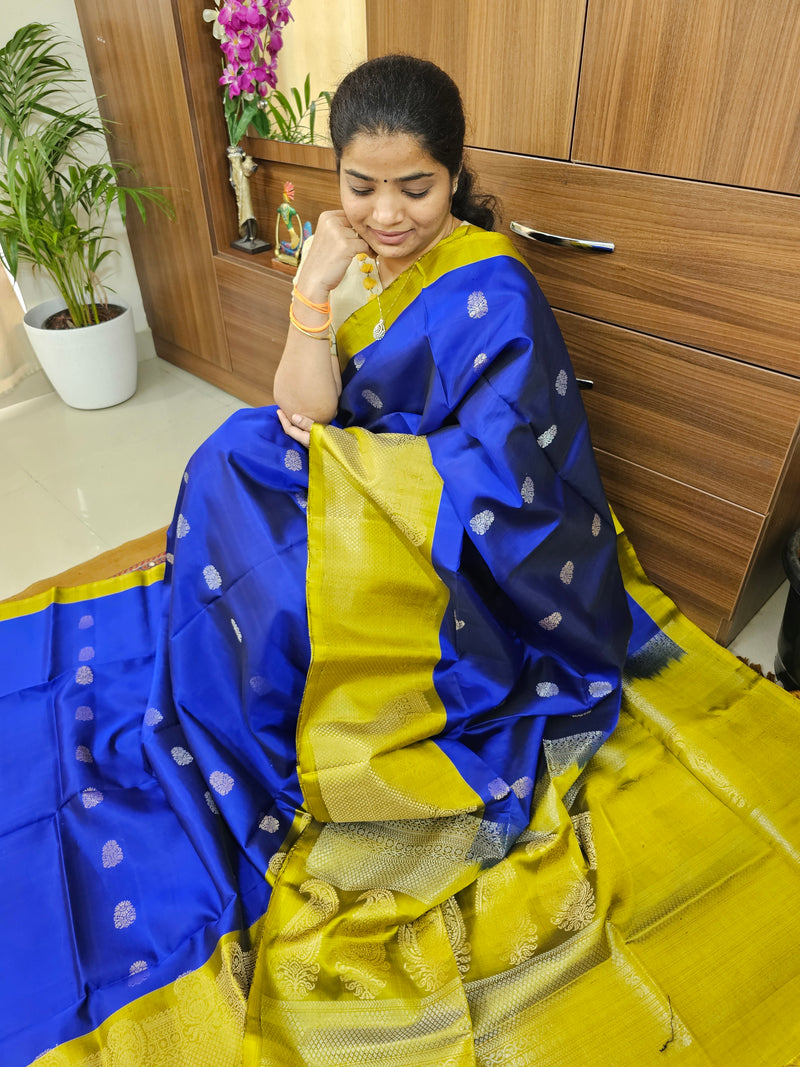 Classic Kanjivaram Pattern Pure Handloom Soft Silk Saree  - Blue with Rich Mustard Yellow