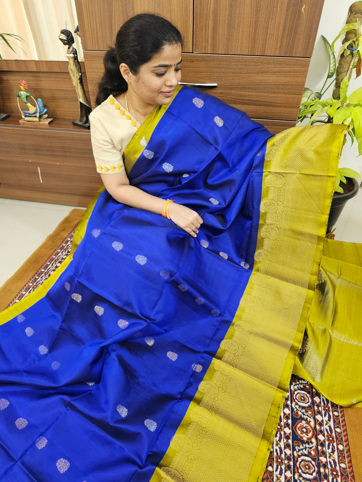 Classic Kanjivaram Pattern Pure Handloom Soft Silk Saree  - Blue with Rich Mustard Yellow