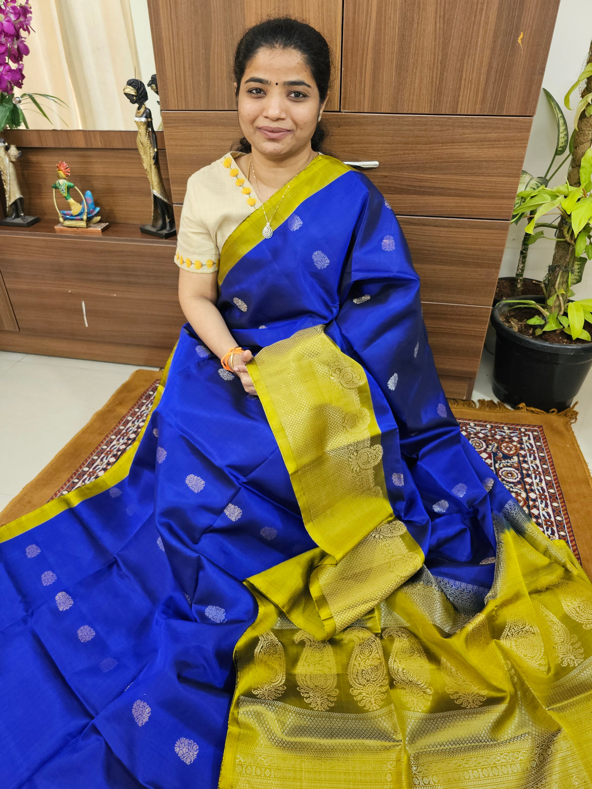 Classic Kanjivaram Pattern Pure Handloom Soft Silk Saree  - Blue with Rich Mustard Yellow