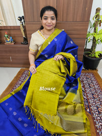 Classic Kanjivaram Pattern Pure Handloom Soft Silk Saree  - Blue with Rich Mustard Yellow
