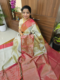Classic Kanjivaram Pattern Pure Handloom Soft Silk Saree -   Classic Ivory with Rose Pink