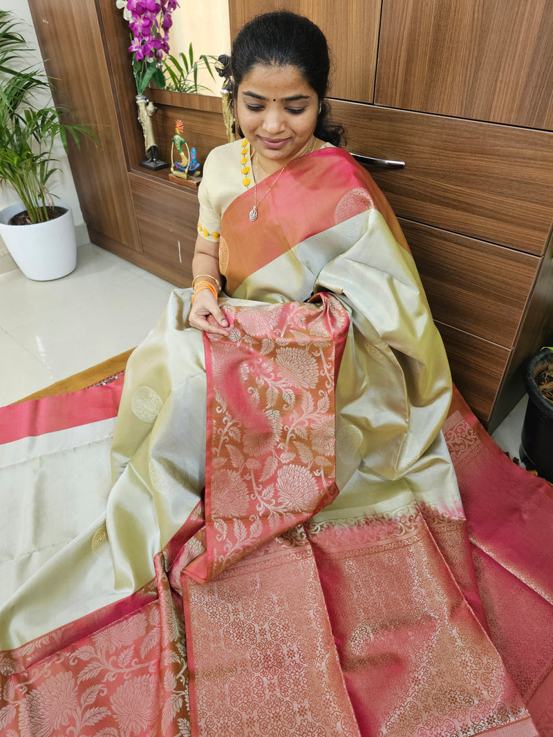 Classic Kanjivaram Pattern Pure Handloom Soft Silk Saree -   Classic Ivory with Rose Pink