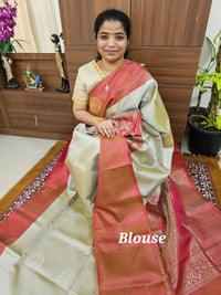 Classic Kanjivaram Pattern Pure Handloom Soft Silk Saree -   Classic Ivory with Rose Pink