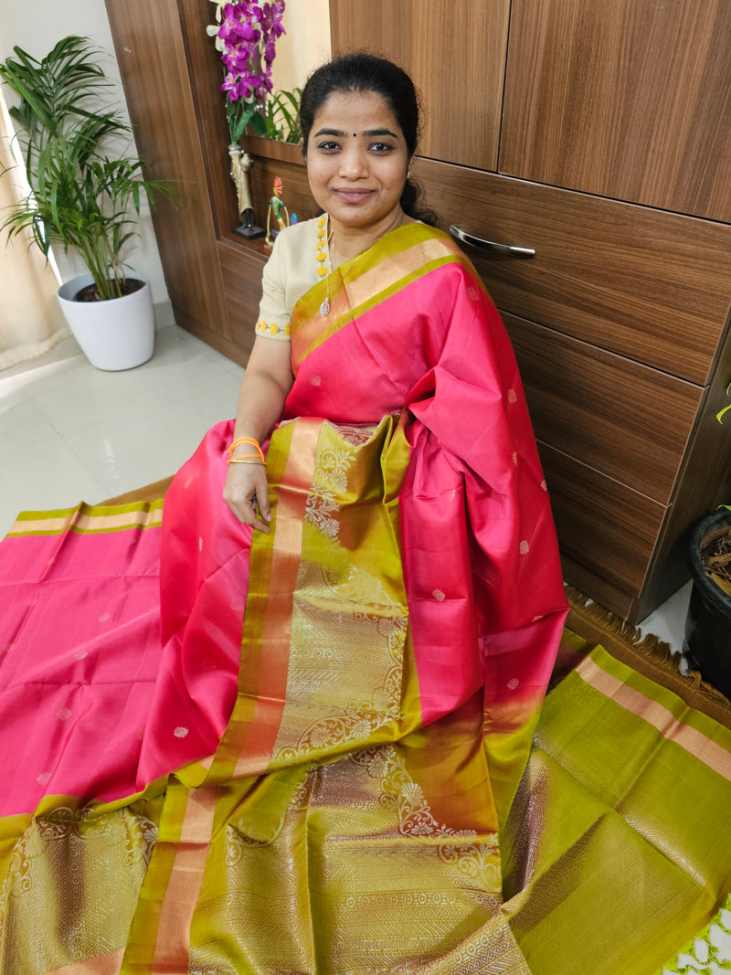 Classic Kanjivaram Pattern Pure Handloom Soft Silk Saree  - Pink with Mehindi Green