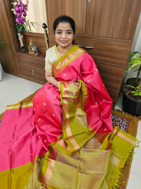 Classic Kanjivaram Pattern Pure Handloom Soft Silk Saree  - Pink with Mehindi Green