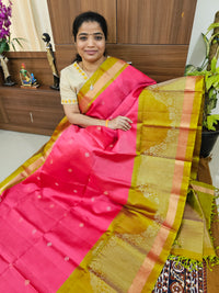 Classic Kanjivaram Pattern Pure Handloom Soft Silk Saree  - Pink with Mehindi Green