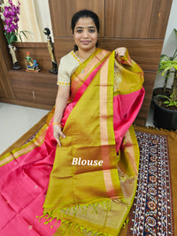 Classic Kanjivaram Pattern Pure Handloom Soft Silk Saree  - Pink with Mehindi Green