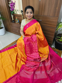 Handloom Pure Soft Silk Sarees - Yellowish Orange with Pink