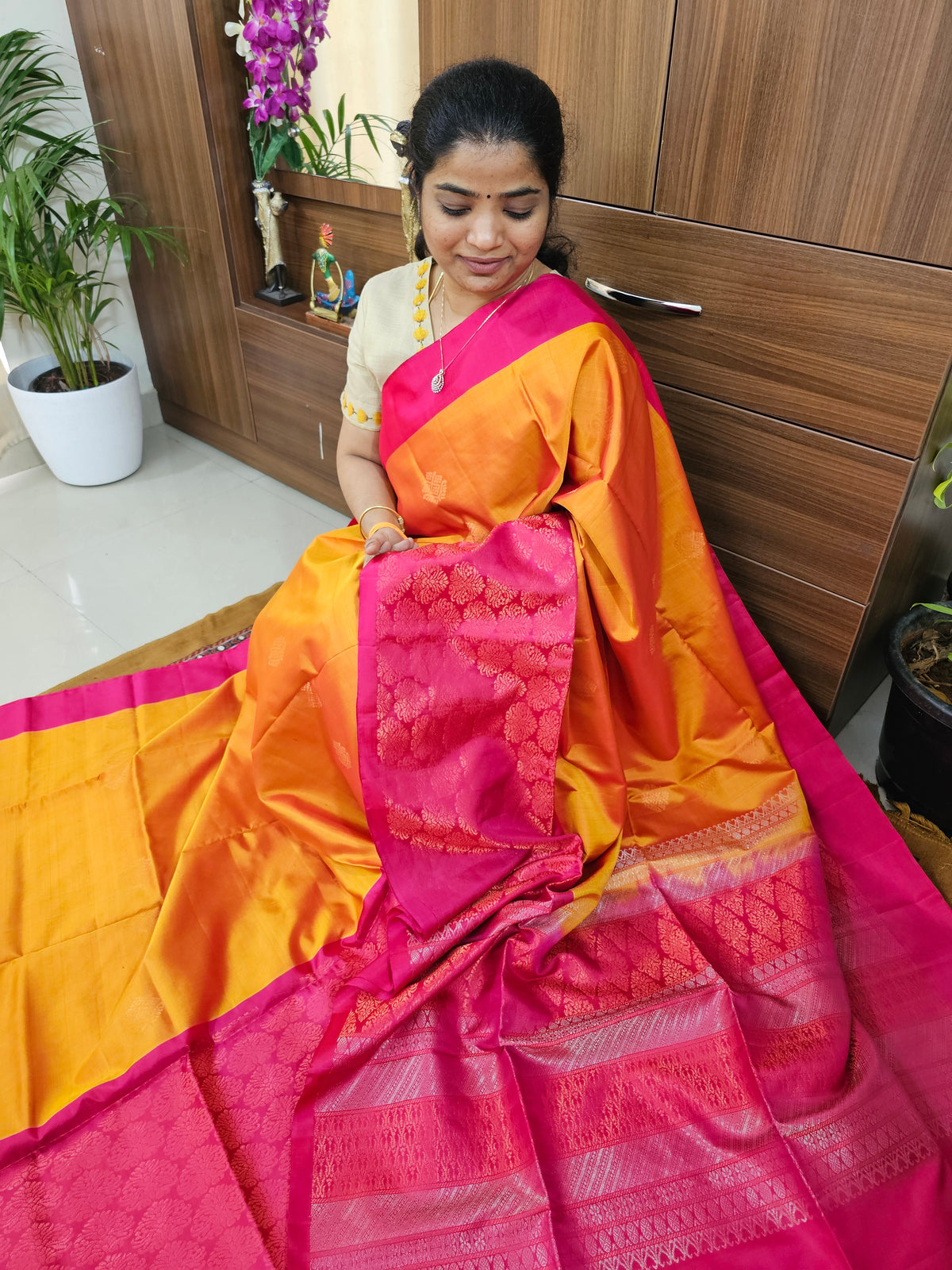 Handloom Pure Soft Silk Sarees - Yellowish Orange with Pink