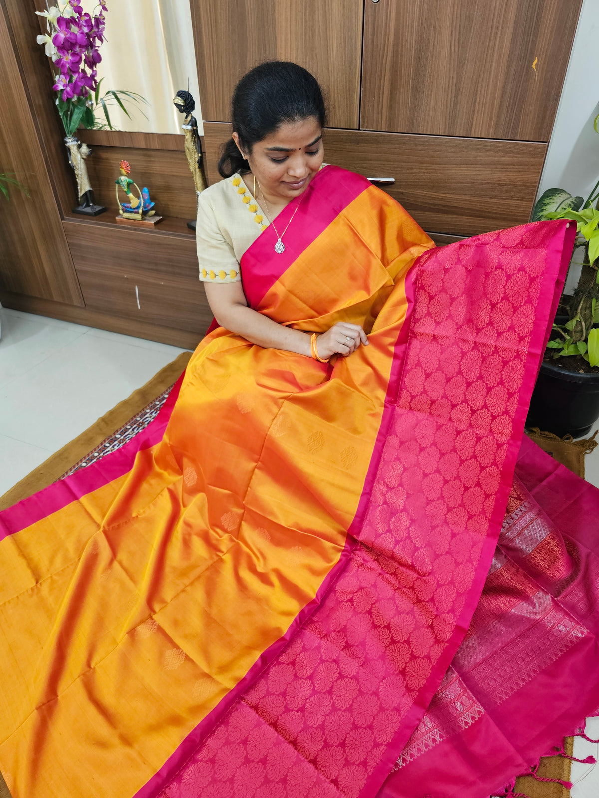 Handloom Pure Soft Silk Sarees - Yellowish Orange with Pink