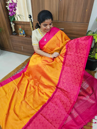 Handloom Pure Soft Silk Sarees - Yellowish Orange with Pink