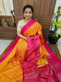 Handloom Pure Soft Silk Sarees - Yellowish Orange with Pink