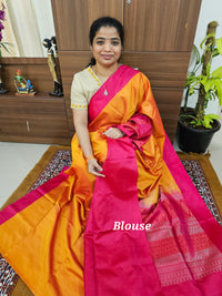 Handloom Pure Soft Silk Sarees - Yellowish Orange with Pink
