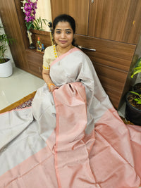 Classical Kanjivaram Pattern Pure Handloom Soft Silk Saree -  Silver with Peach