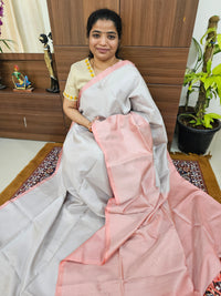 Classical Kanjivaram Pattern Pure Handloom Soft Silk Saree -  Silver with Peach