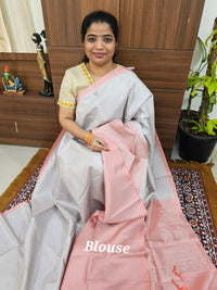 Classical Kanjivaram Pattern Pure Handloom Soft Silk Saree -  Silver with Peach