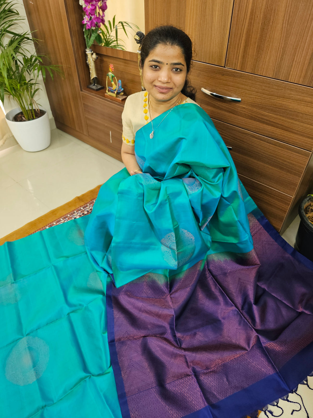 Pure Handloom Soft Silk Saree - Dual Shade of  Sea Green cum Sea Blue with Dark Blue