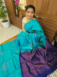 Pure Handloom Soft Silk Saree - Dual Shade of  Sea Green cum Sea Blue with Dark Blue