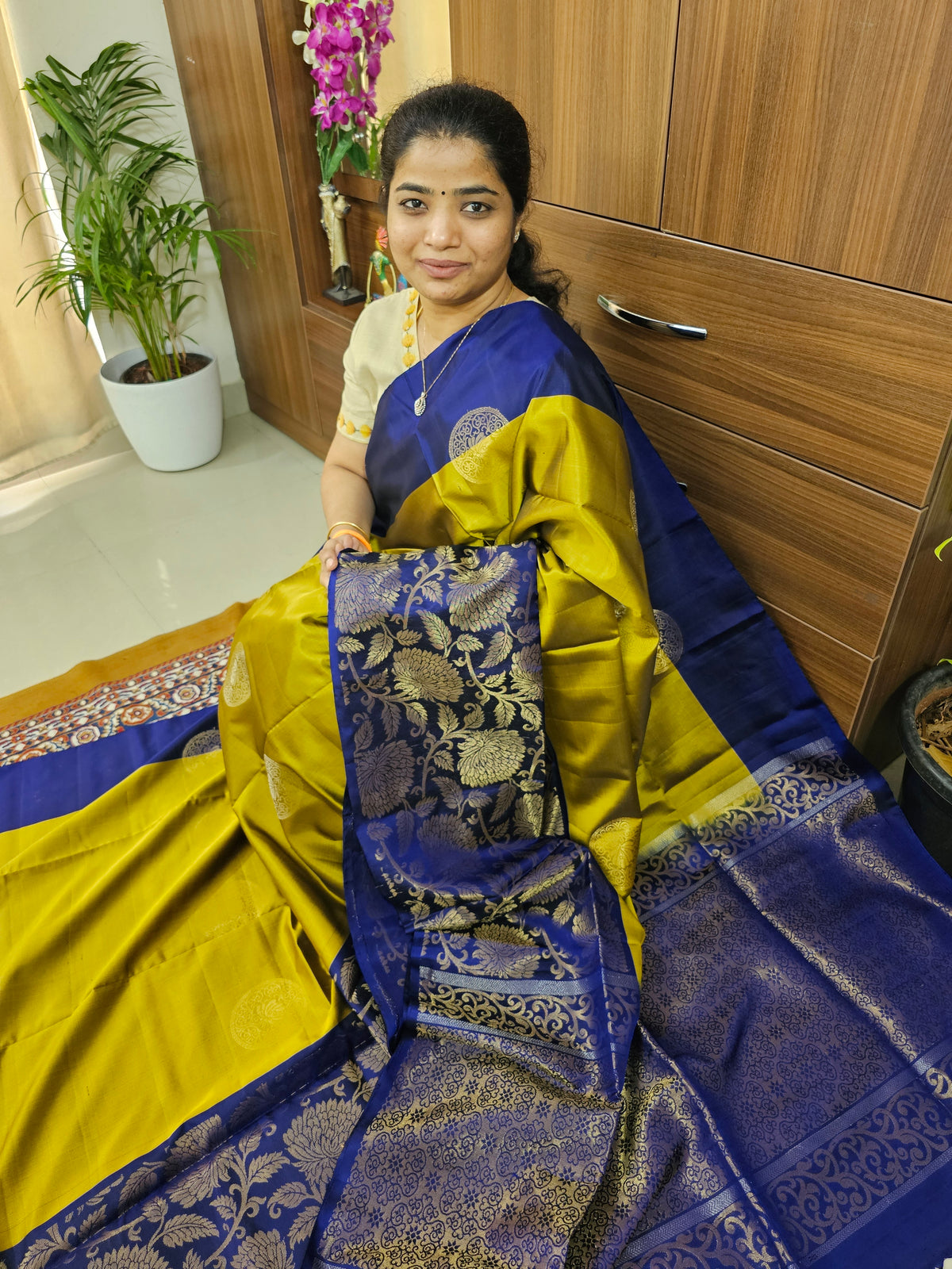 Classic Kanjivaram Pattern Pure Handloom Soft Silk Saree  - Rich Mustard Yellow with Dark Blue