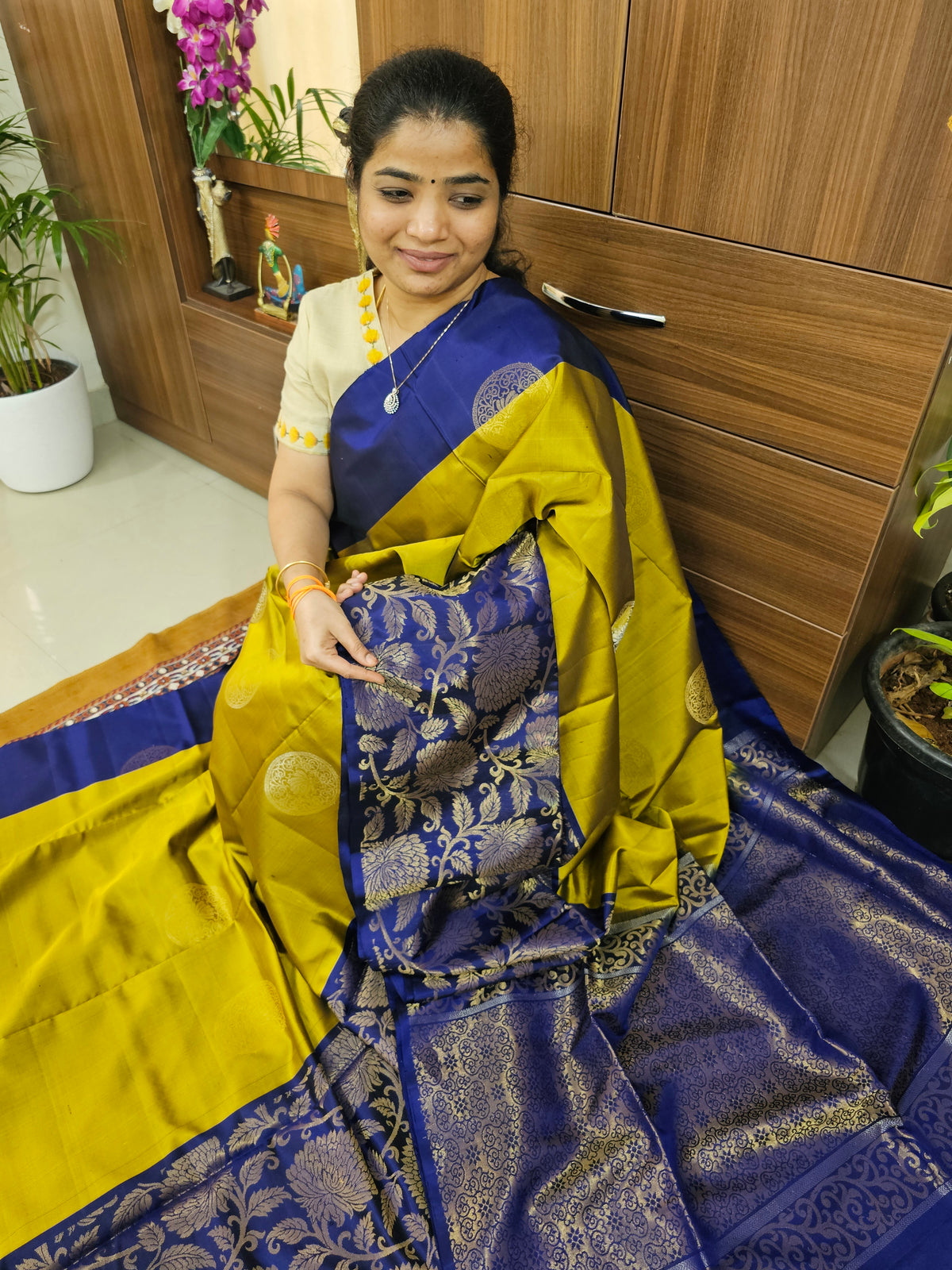 Classic Kanjivaram Pattern Pure Handloom Soft Silk Saree  - Rich Mustard Yellow with Dark Blue