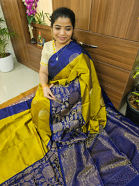 Classic Kanjivaram Pattern Pure Handloom Soft Silk Saree  - Rich Mustard Yellow with Dark Blue