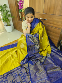 Classic Kanjivaram Pattern Pure Handloom Soft Silk Saree  - Rich Mustard Yellow with Dark Blue