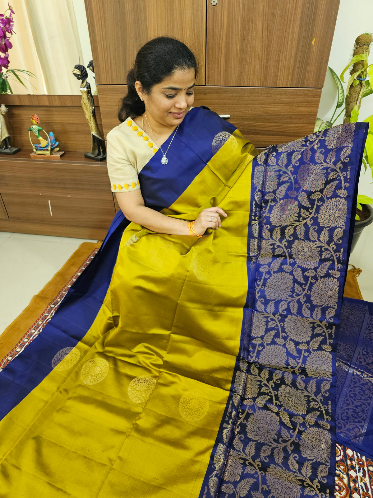 Classic Kanjivaram Pattern Pure Handloom Soft Silk Saree  - Rich Mustard Yellow with Dark Blue