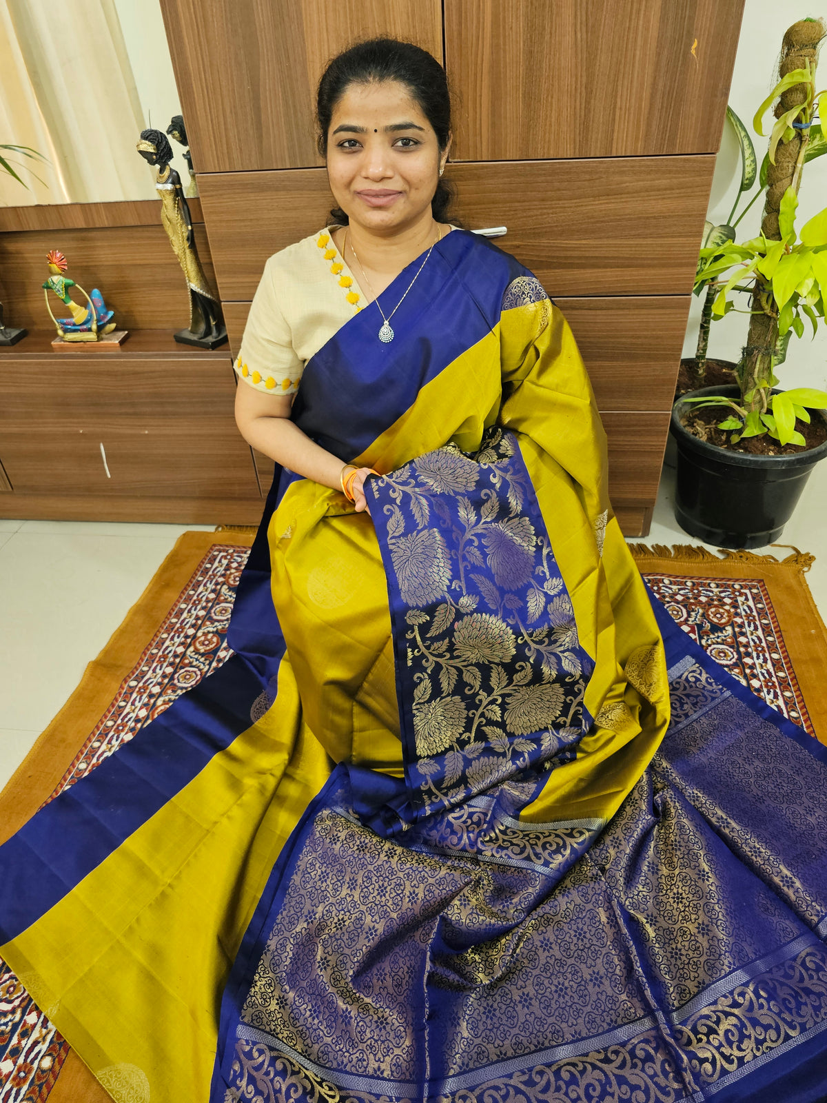 Classic Kanjivaram Pattern Pure Handloom Soft Silk Saree  - Rich Mustard Yellow with Dark Blue
