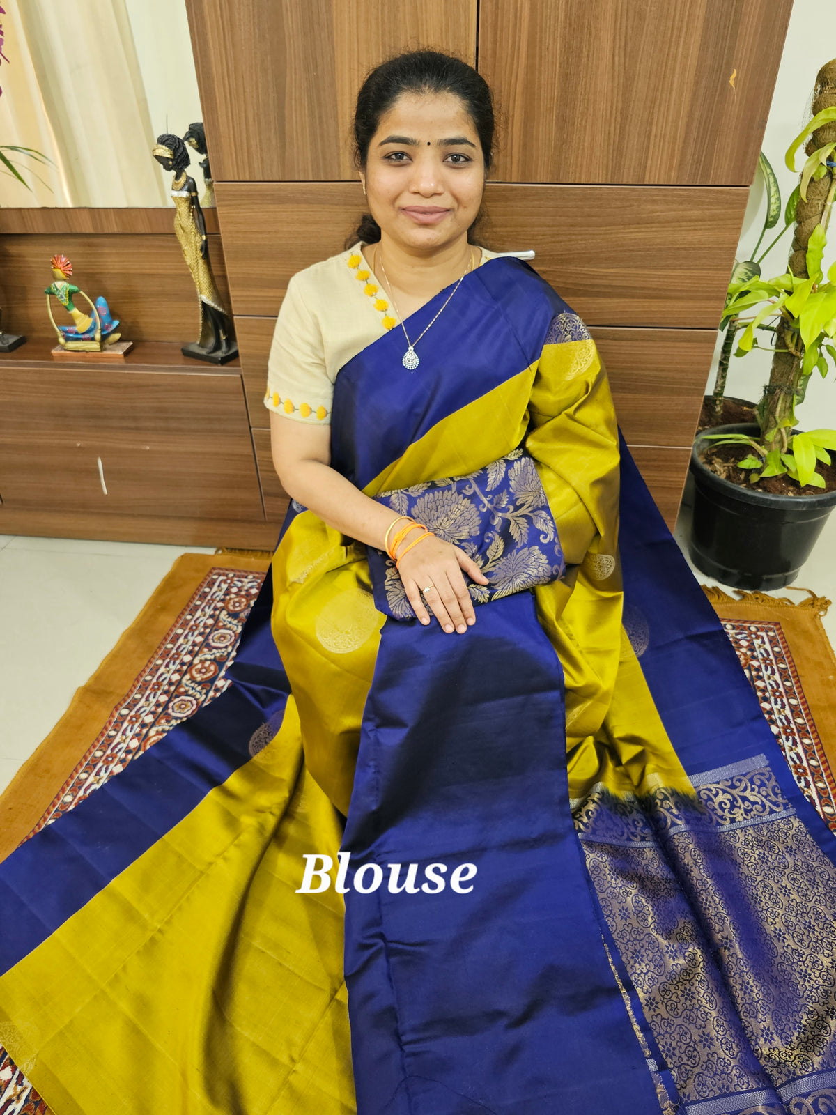 Classic Kanjivaram Pattern Pure Handloom Soft Silk Saree  - Rich Mustard Yellow with Dark Blue
