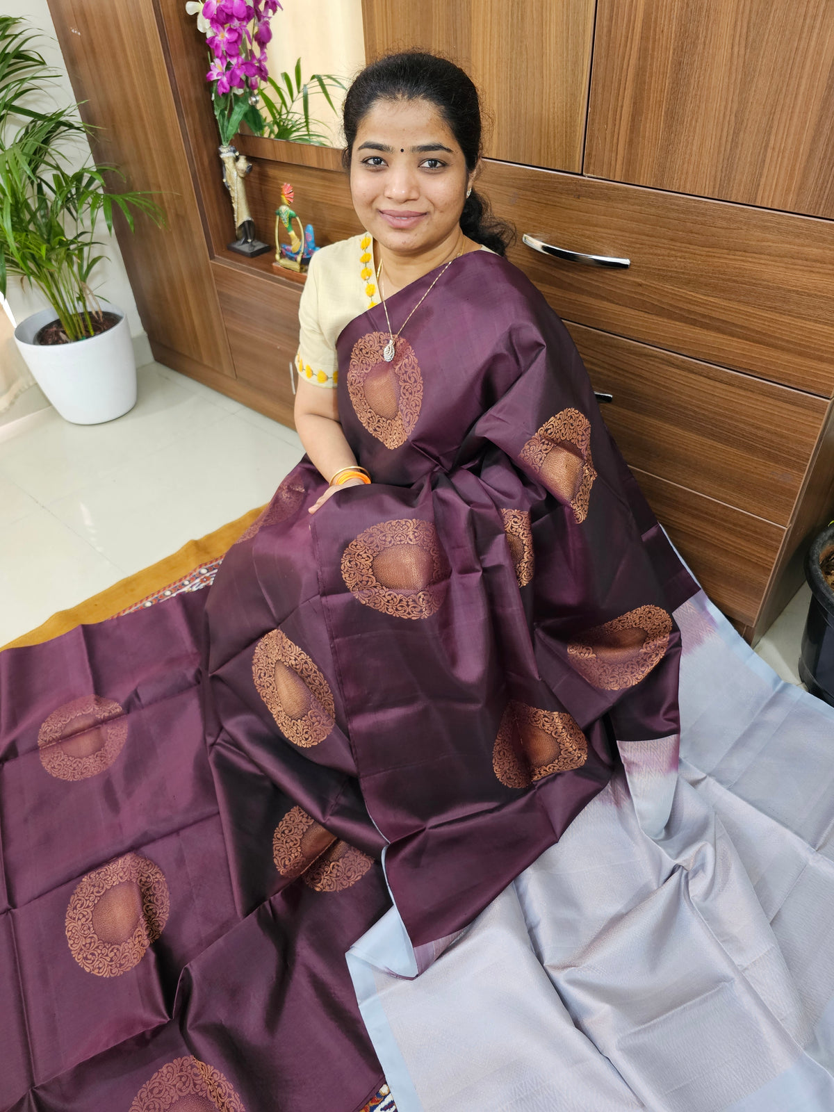 Pure Handloom Soft Silk Saree - Deep Maroon cum Brown with Grey