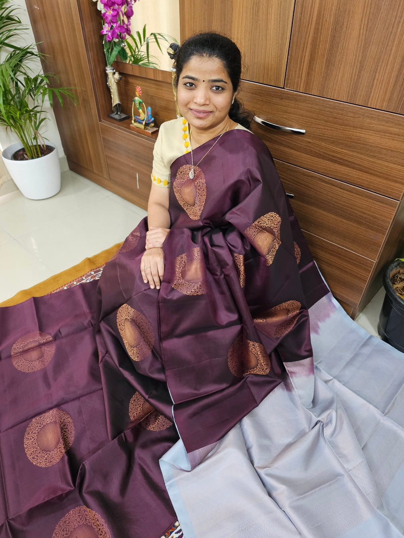 Pure Handloom Soft Silk Saree - Deep Maroon cum Brown with Grey